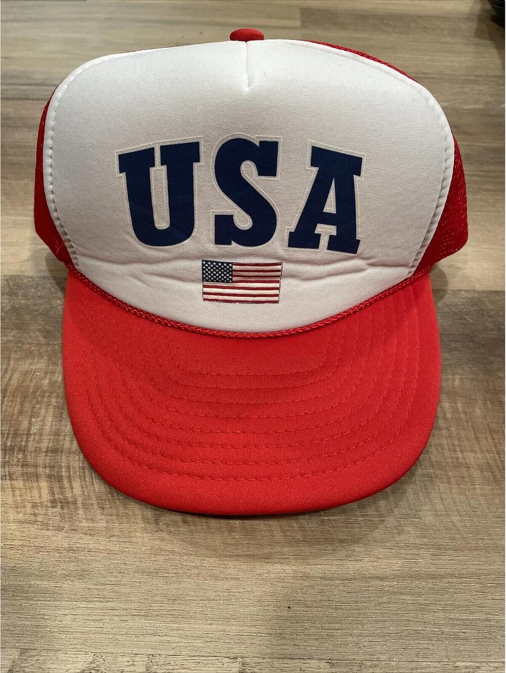 VTG 90'S TRUCKER SNAPBACK HAT CAP RED WHITE BLUE USA FLAG with BRAIDED CORD